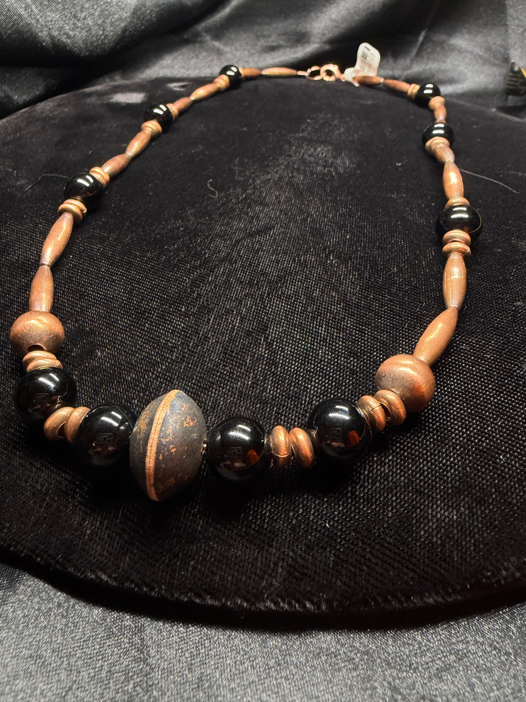 Copper Pearl & Saucer Beaded Necklace with Black Onyx Accents