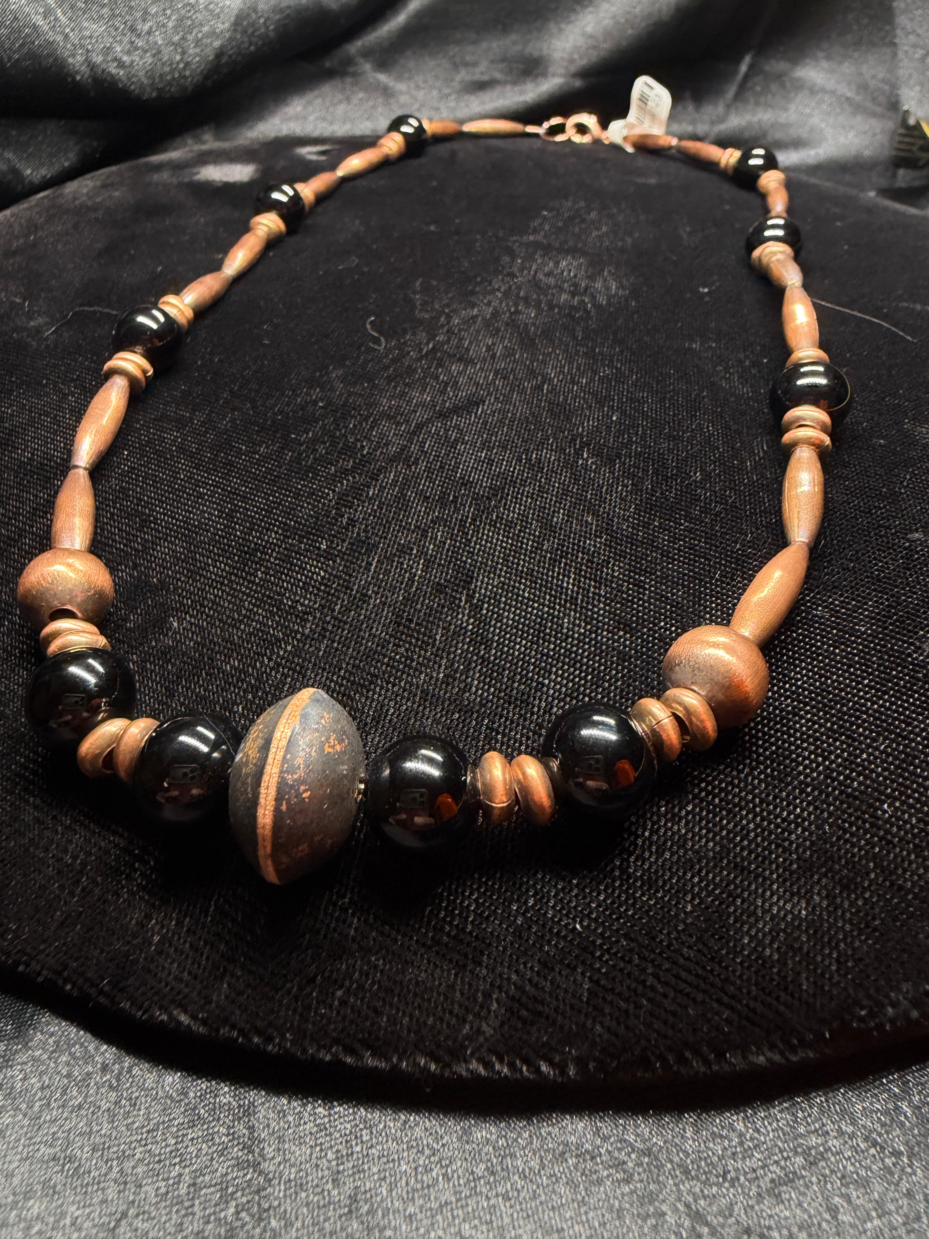 Copper Pearl & Saucer Beaded Necklace with Black Onyx Accents