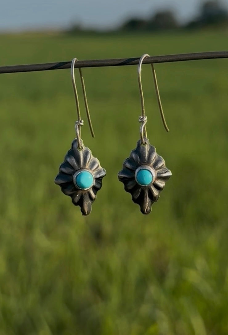 Handcrafted Sterling Silver Turquoise Earrings by Caddo Artist Kara Shepard Dougherty (Diamond Shape)