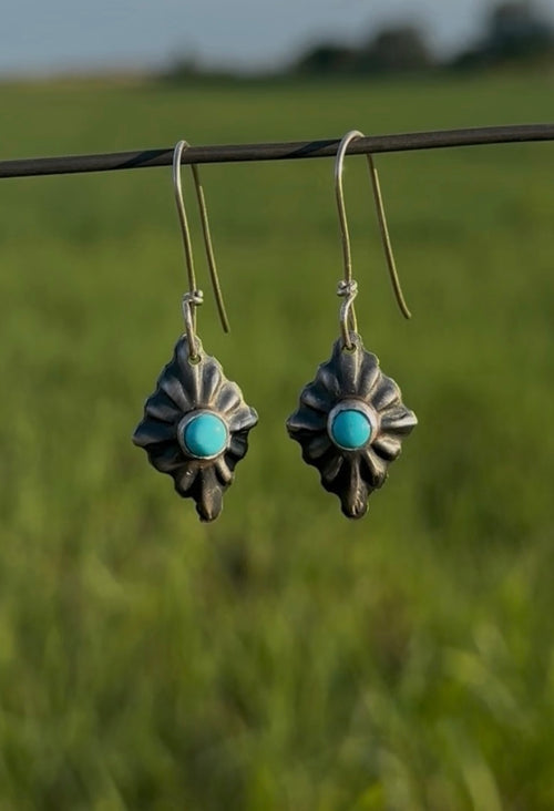 Handcrafted Sterling Silver Turquoise Earrings by Caddo Artist Kara Shepard Dougherty (Diamond Shape)
