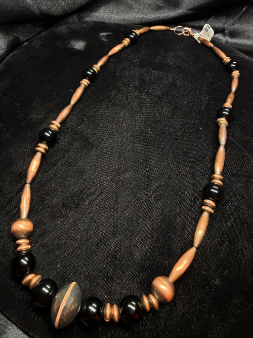 Copper Pearl & Saucer Beaded Necklace with Black Onyx Accents