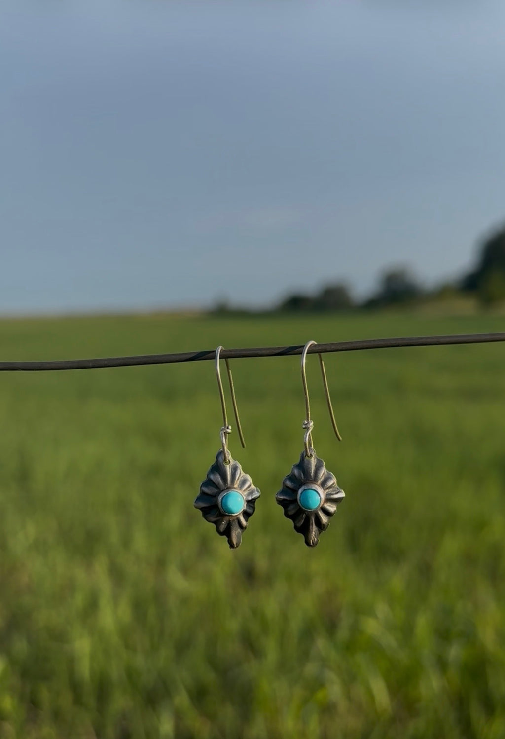 Handcrafted Sterling Silver Turquoise Earrings by Caddo Artist Kara Shepard Dougherty (Diamond Shape)