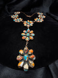 Copper Spiny Oyster & Turquoise Floral Cluster Statement Necklace