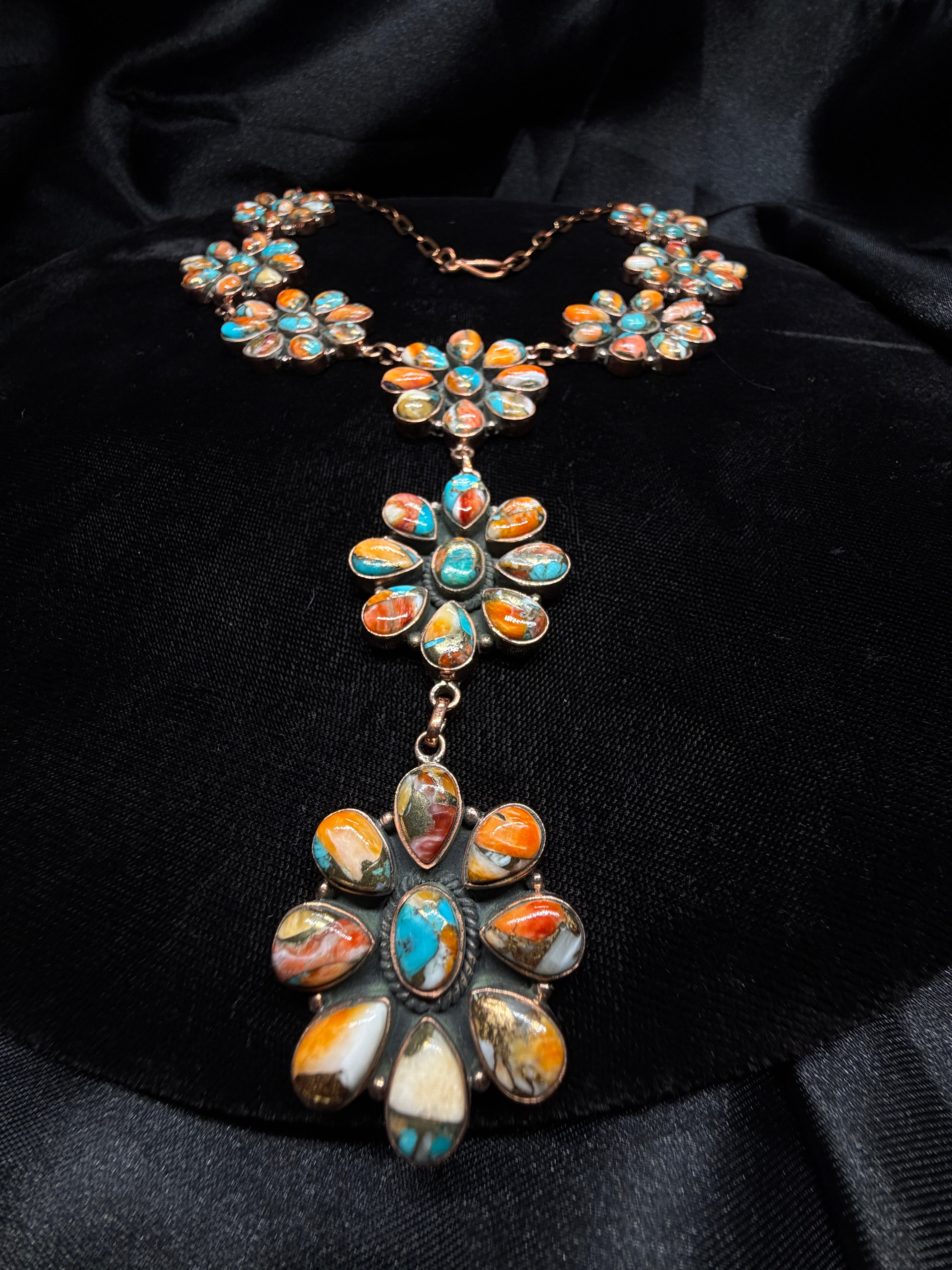 Copper Spiny Oyster & Turquoise Floral Cluster Statement Necklace