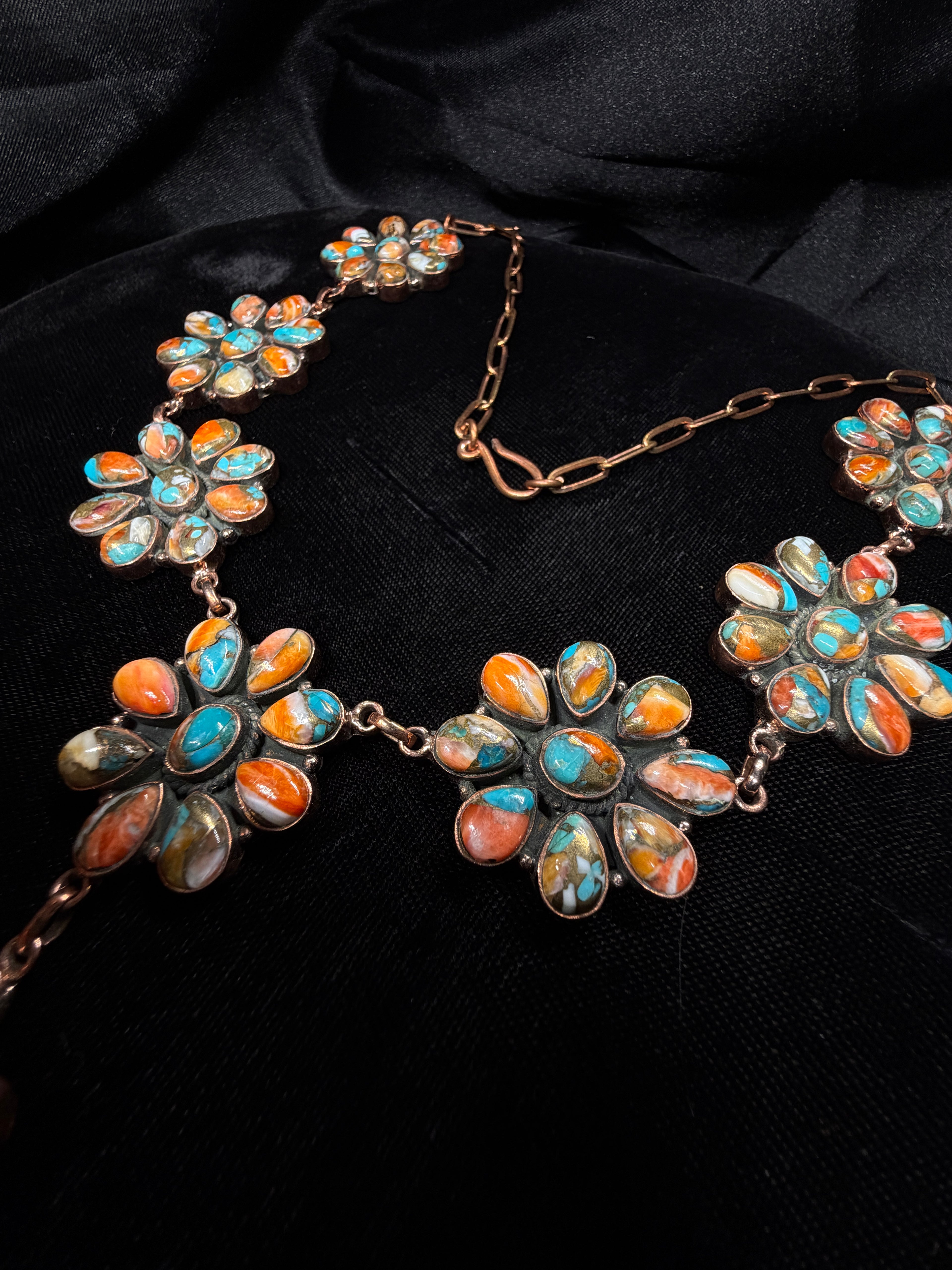 Copper Spiny Oyster & Turquoise Floral Cluster Statement Necklace