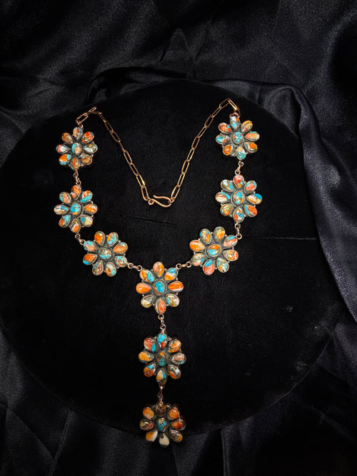 Copper Spiny Oyster & Turquoise Floral Cluster Statement Necklace