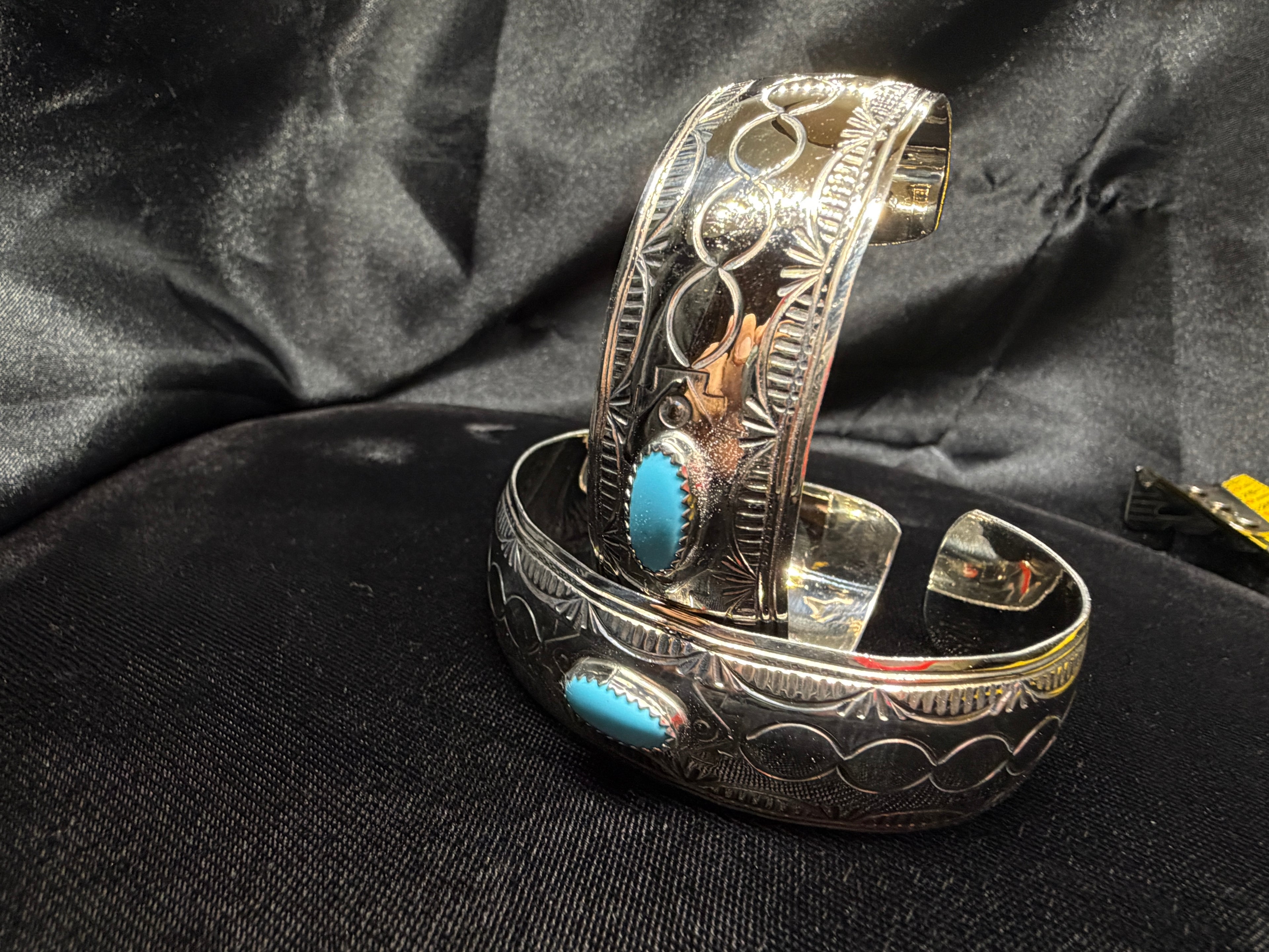 German Silver Hand-Stamped Turquoise Accent Cuff Bracelet