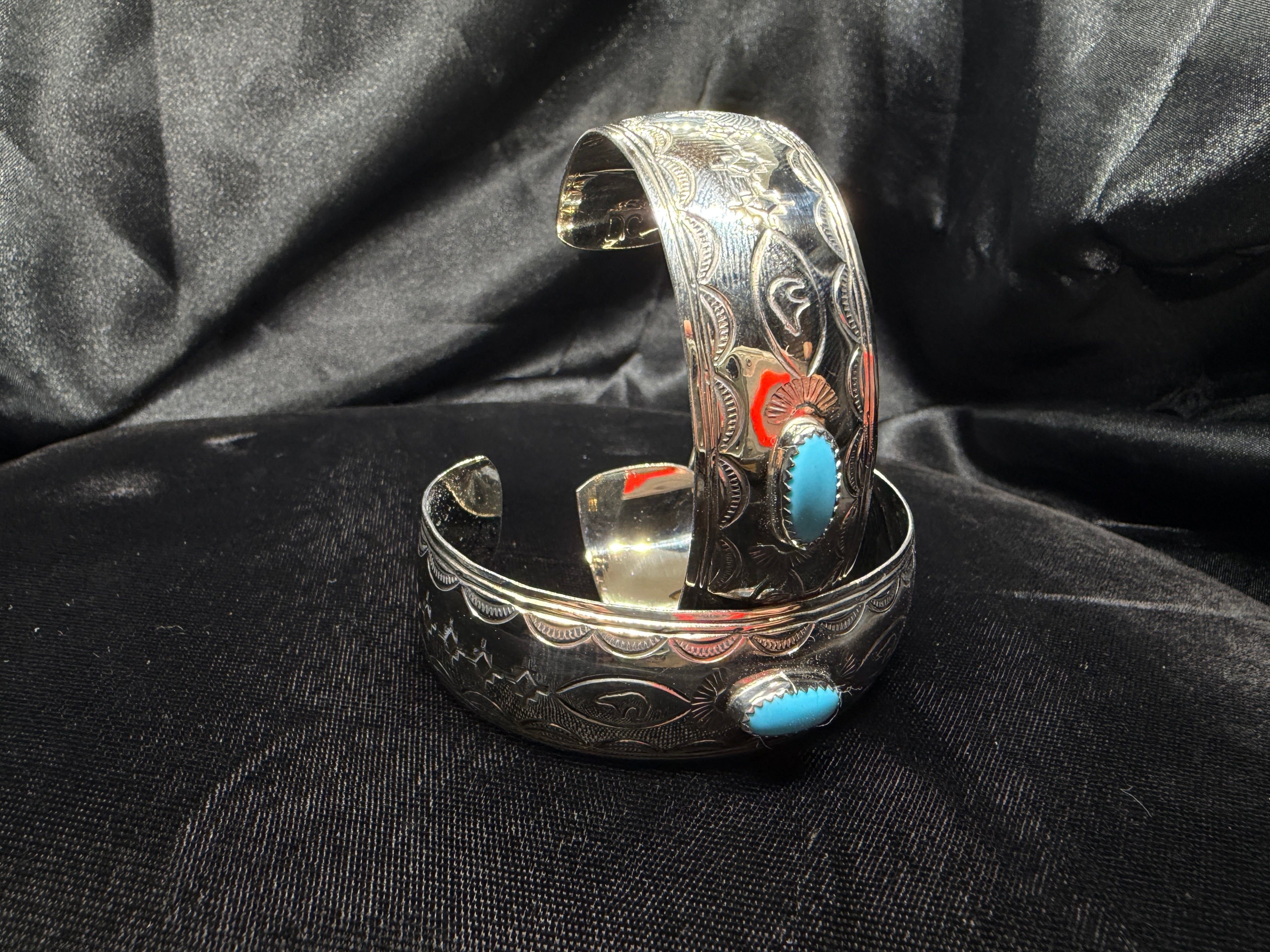 German Silver Hand-Stamped Turquoise Accent Cuff Bracelet
