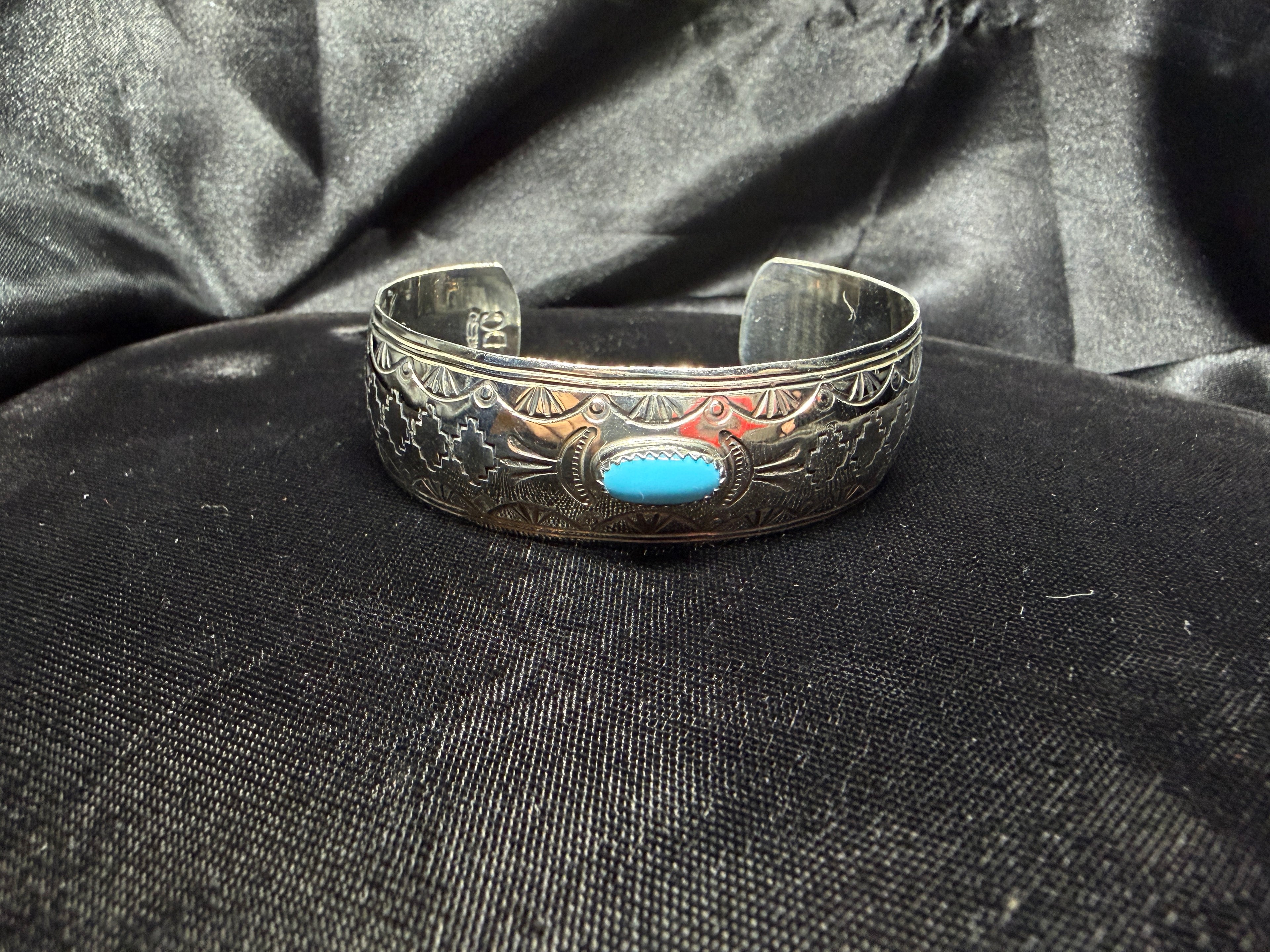 German Silver Hand-Stamped Turquoise Accent Cuff Bracelet