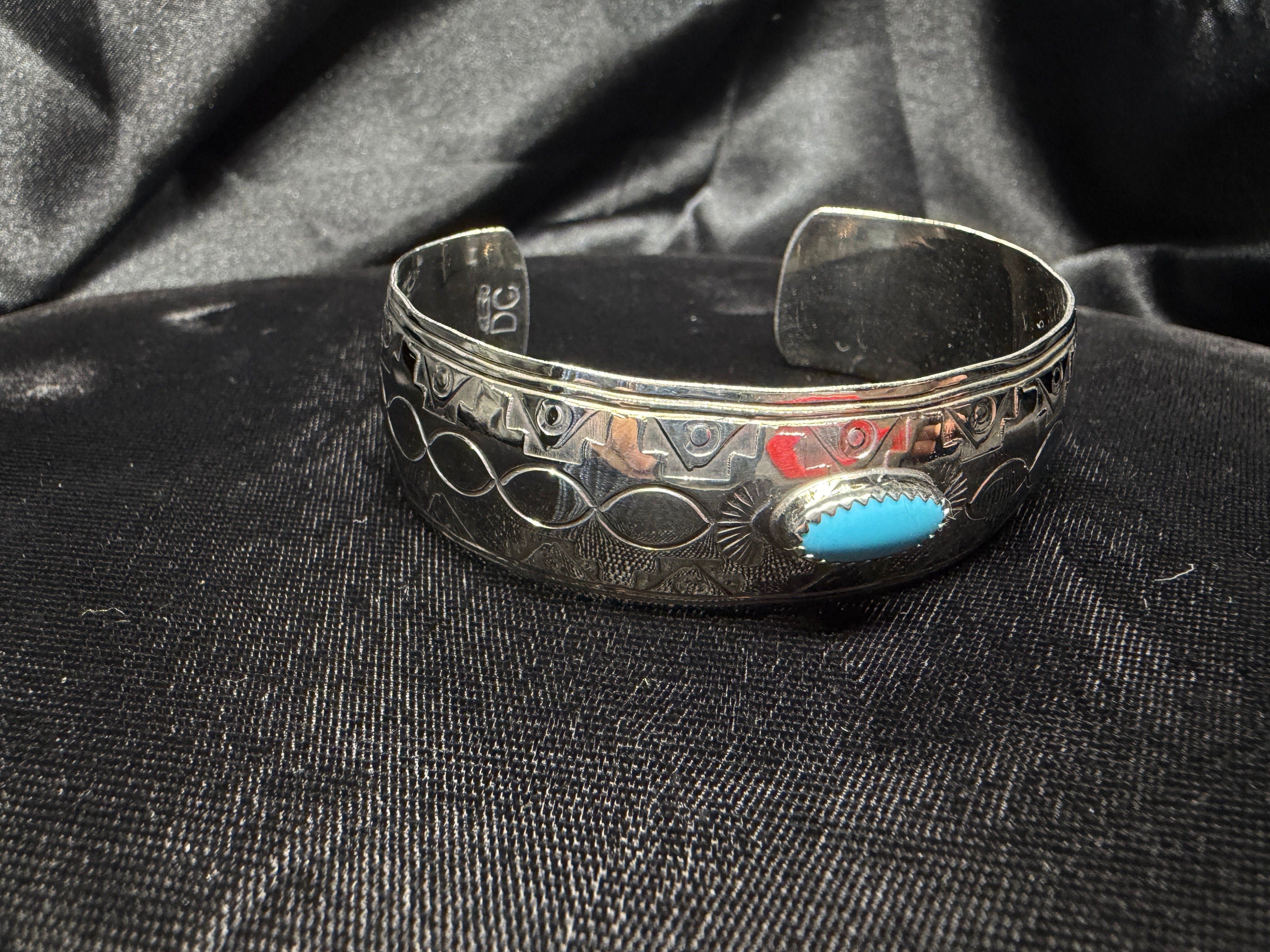 German Silver Hand-Stamped Turquoise Accent Cuff Bracelet
