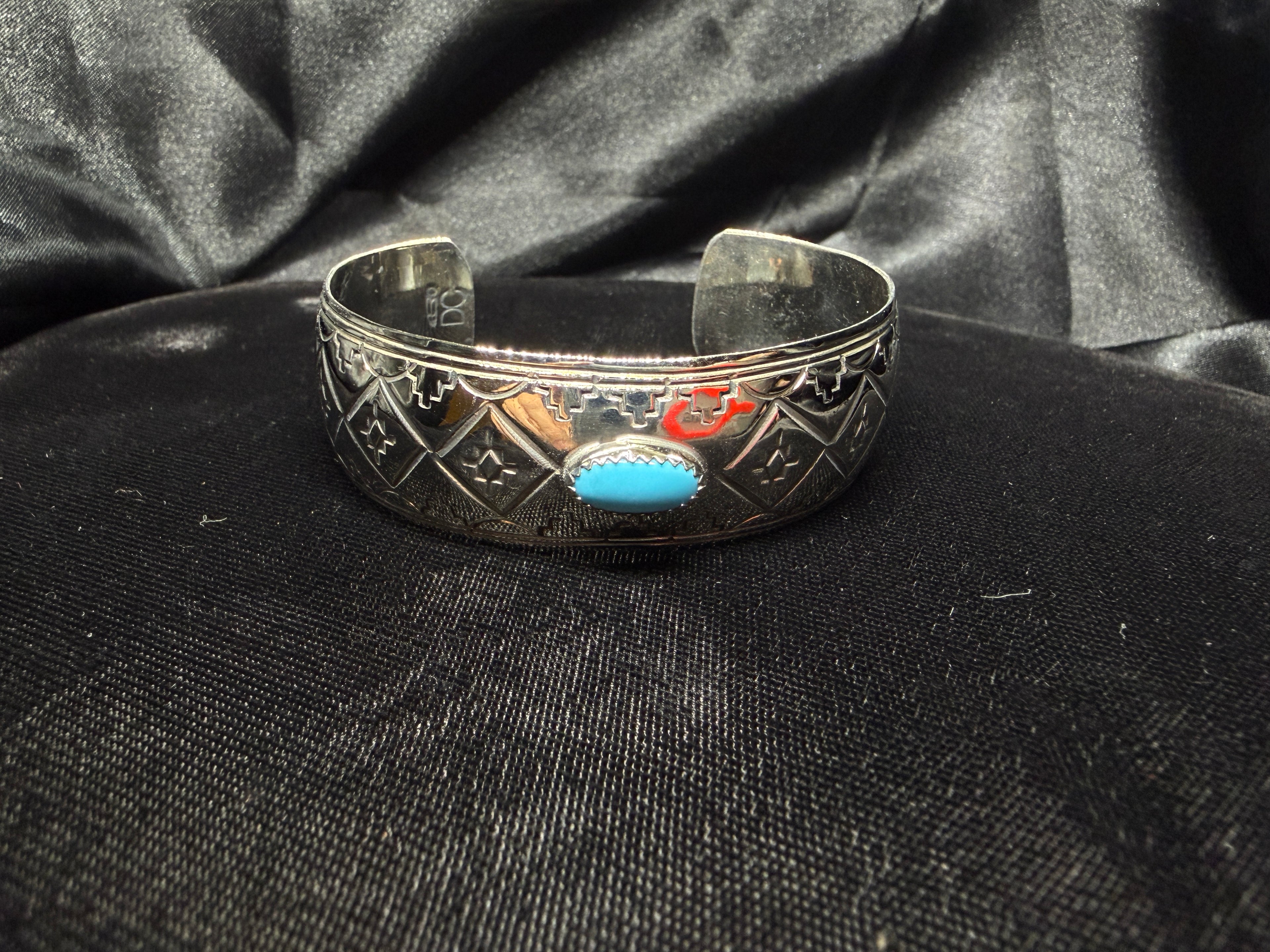 German Silver Hand-Stamped Turquoise Accent Cuff Bracelet