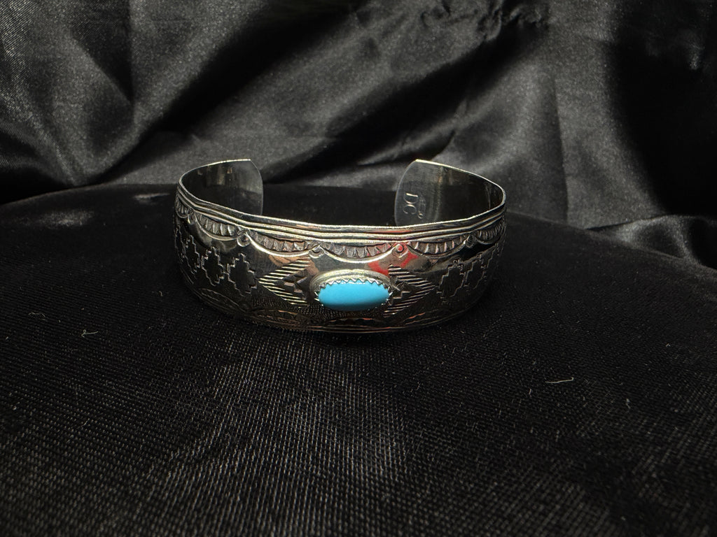 German Silver Hand-Stamped Turquoise Accent Cuff Bracelet