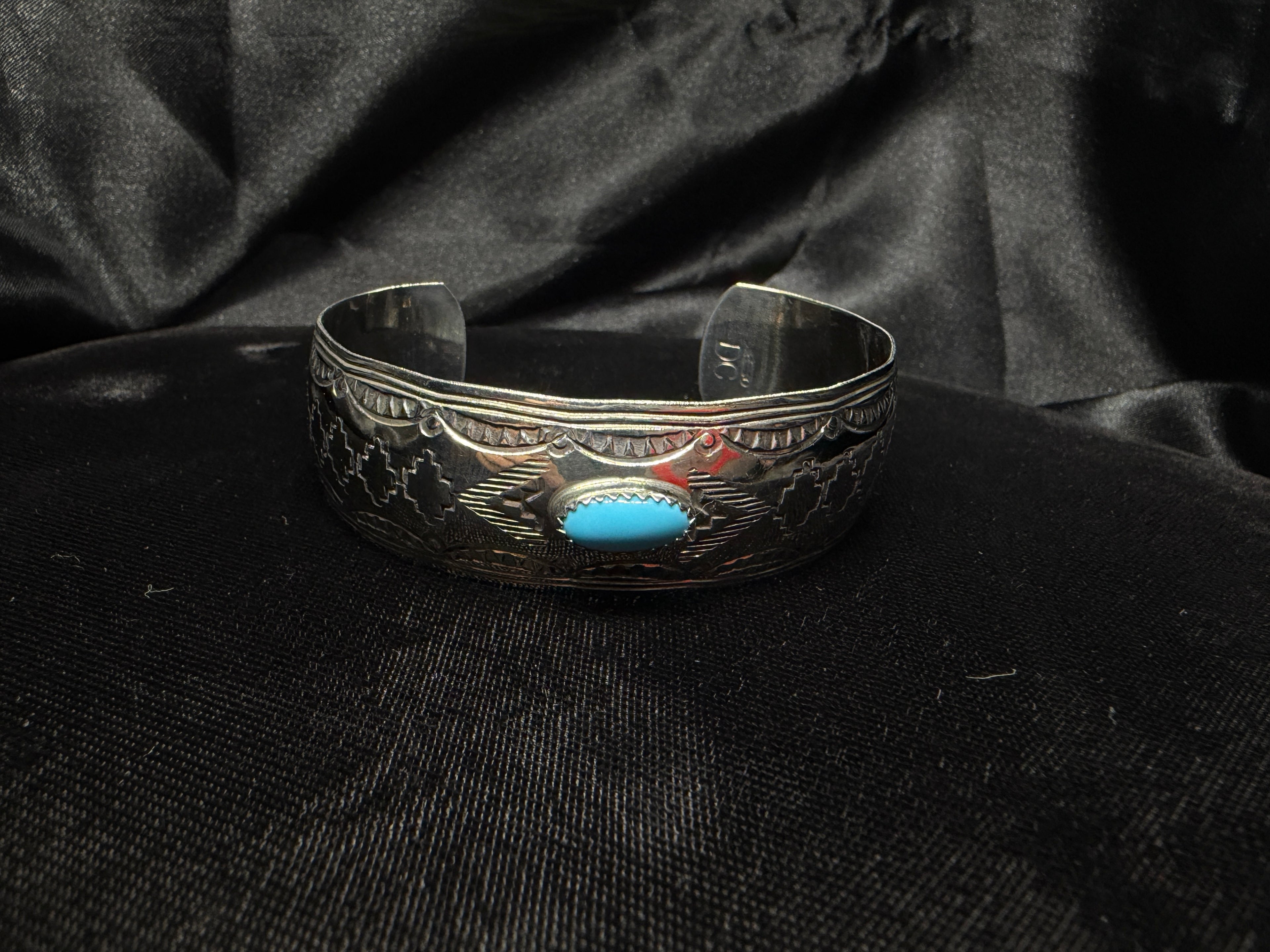 German Silver Hand-Stamped Turquoise Accent Cuff Bracelet
