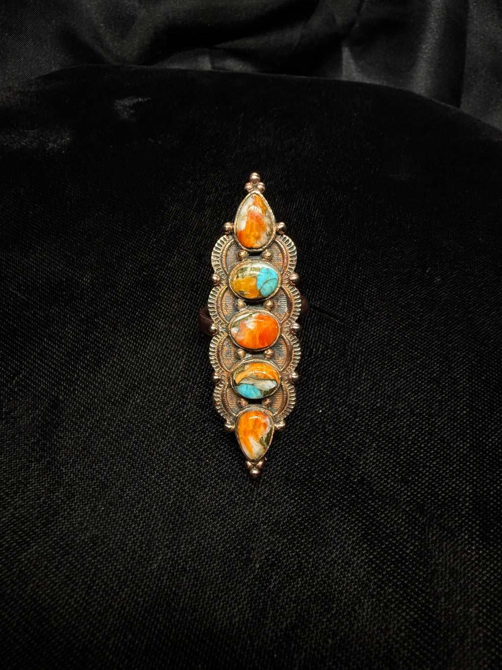 Copper Spiny Oyster Shell & Turquoise Cluster Adjustable Ring