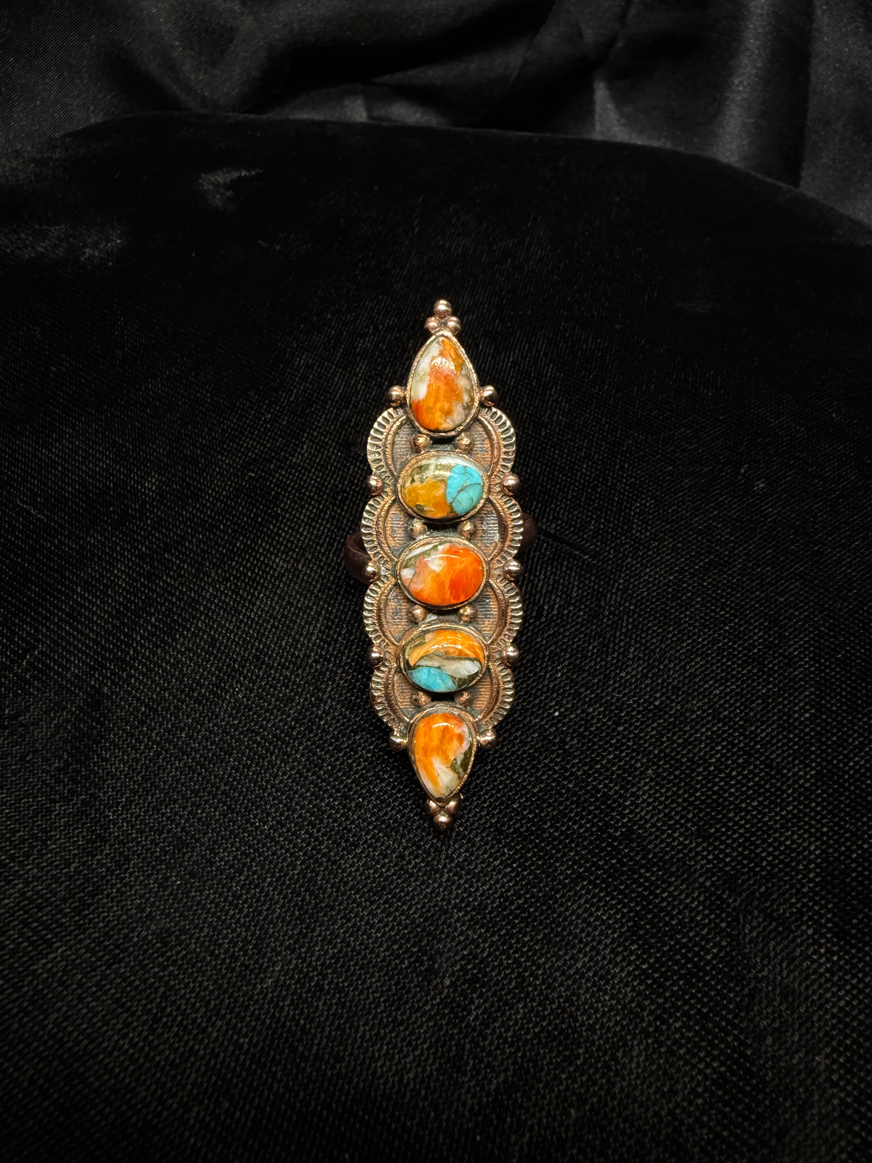 Copper Spiny Oyster Shell & Turquoise Cluster Adjustable Ring