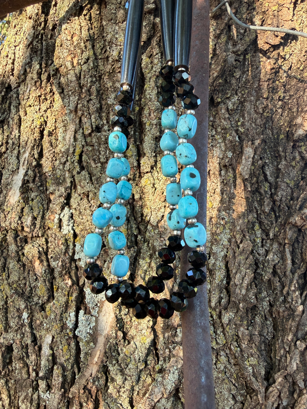 Turquoise, Buffalo Horn, Glass Beads, Double Strand Necklace by Caddo Artist Elizabeth Stephens