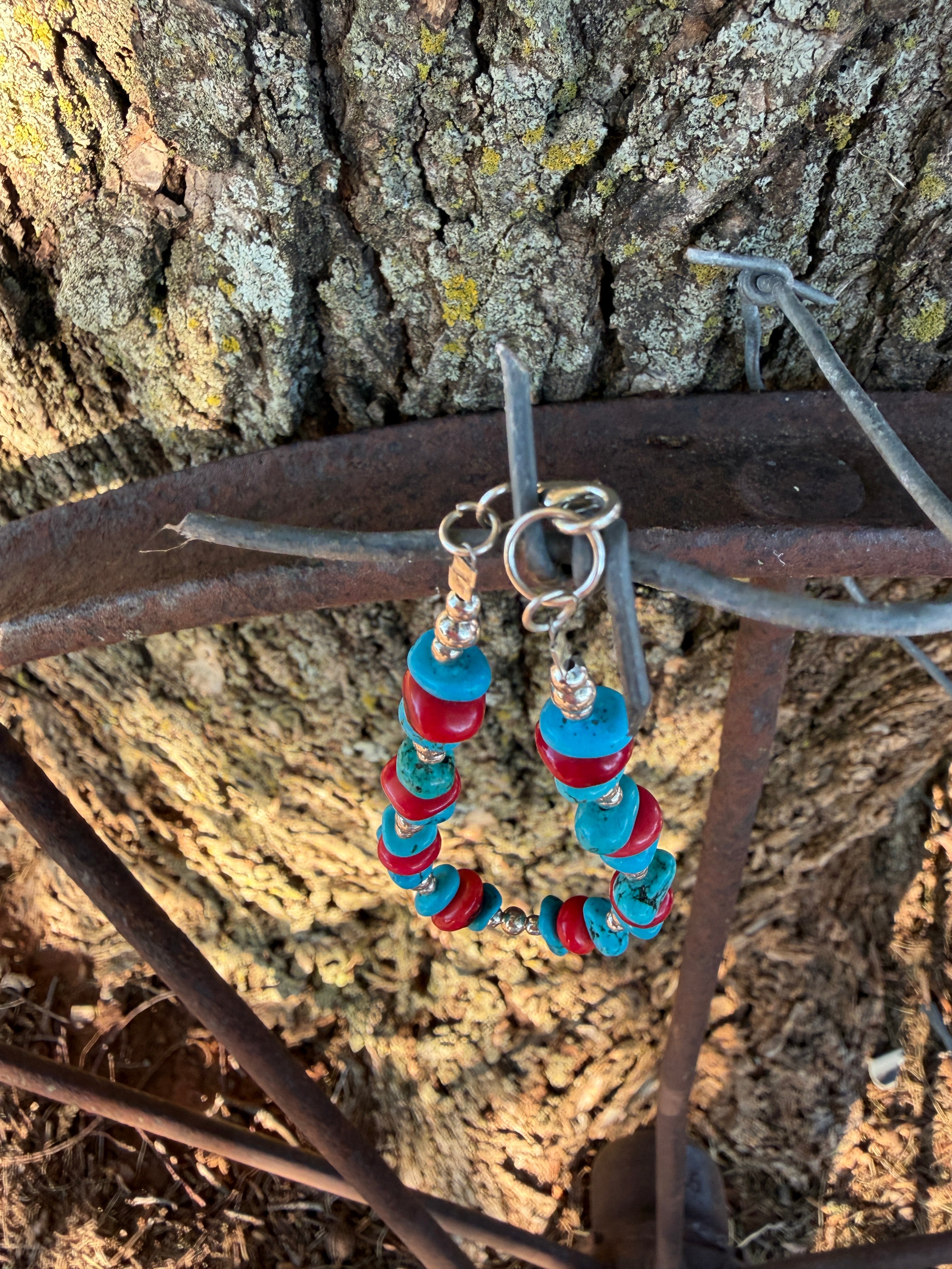 Turquoise & Coral Beaded Bracelet by Caddo Artist Elizabeth Stephens