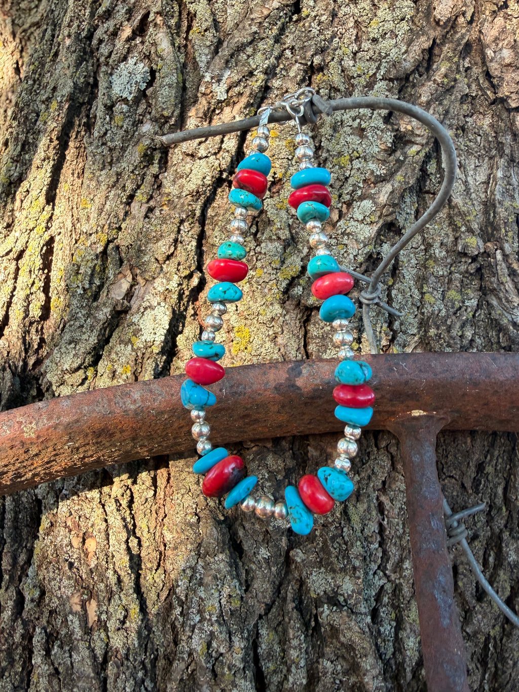 Turquoise & Coral Beaded Bracelet by Caddo Artist Elizabeth Stephens