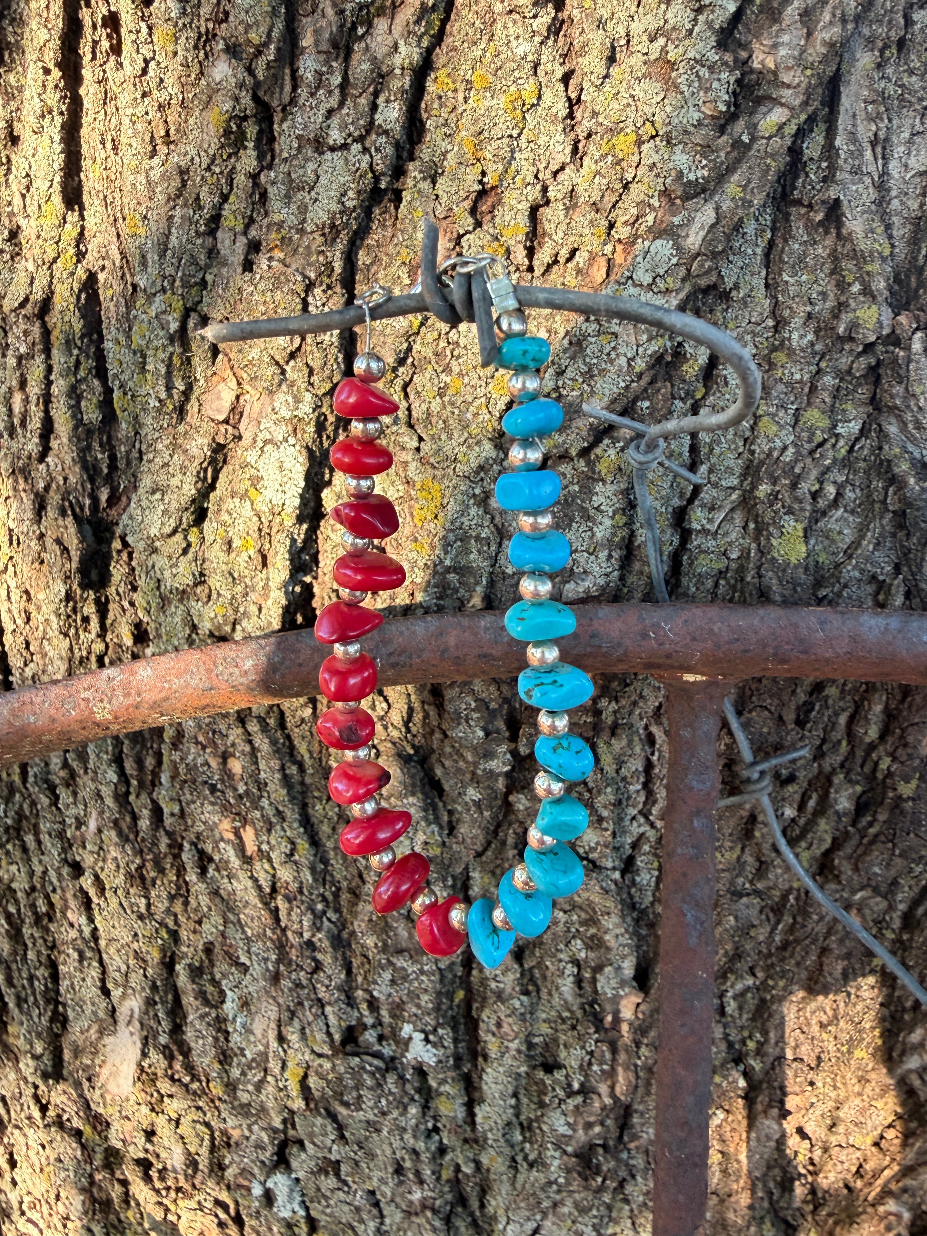Turquoise & Red Coral Beaded Bracelet by Caddo Artist Elizabeth Stephens