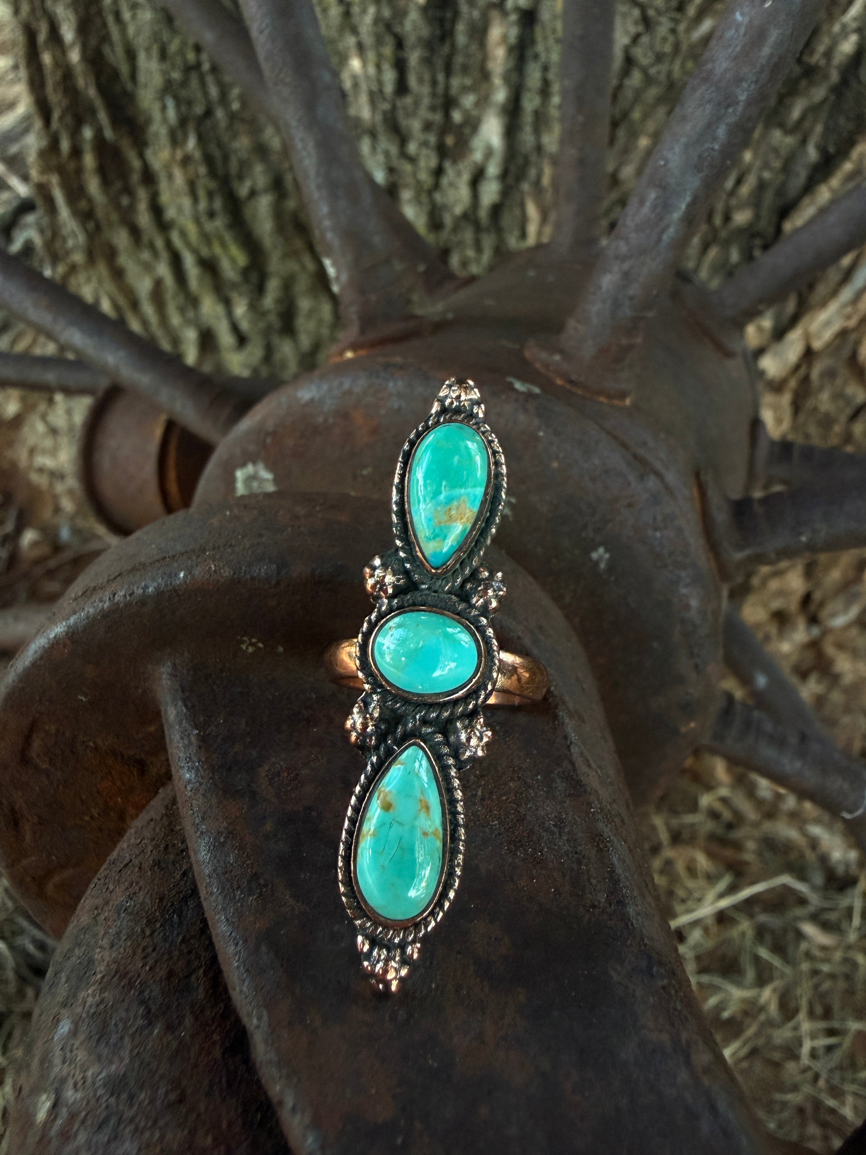 Handcrafted Copper Triple Turquoise Ring – Size 7