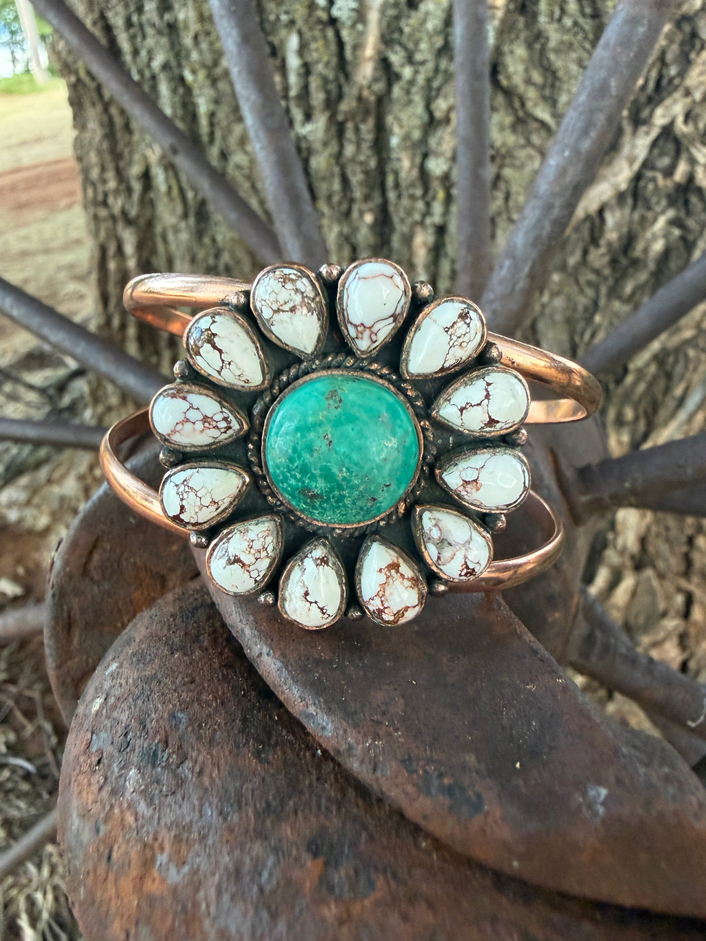 Handcrafted Copper Wild Horse & Turquoise Floral Jewelry Set