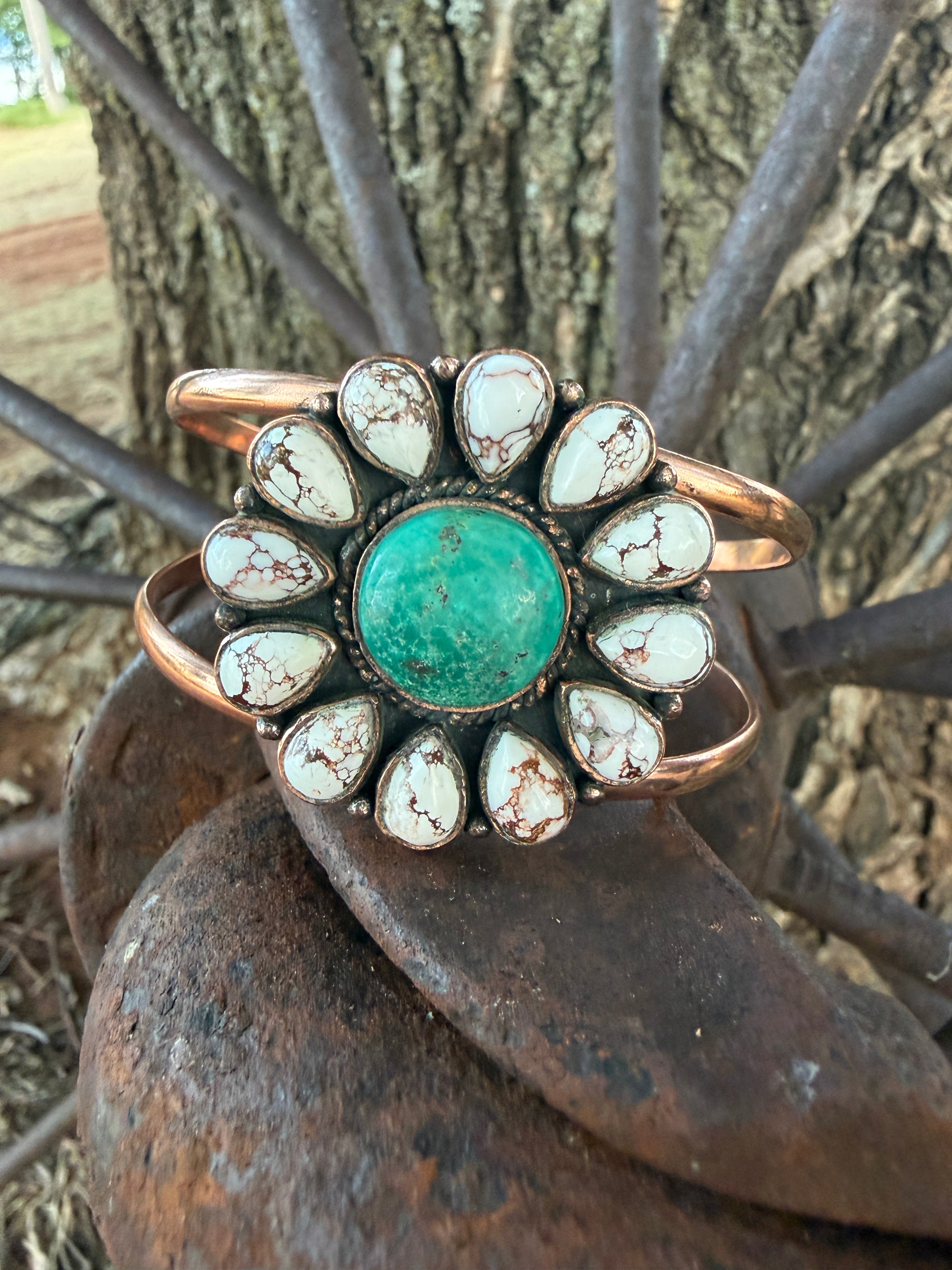 Handcrafted Copper Wild Horse & Turquoise Floral Jewelry Set