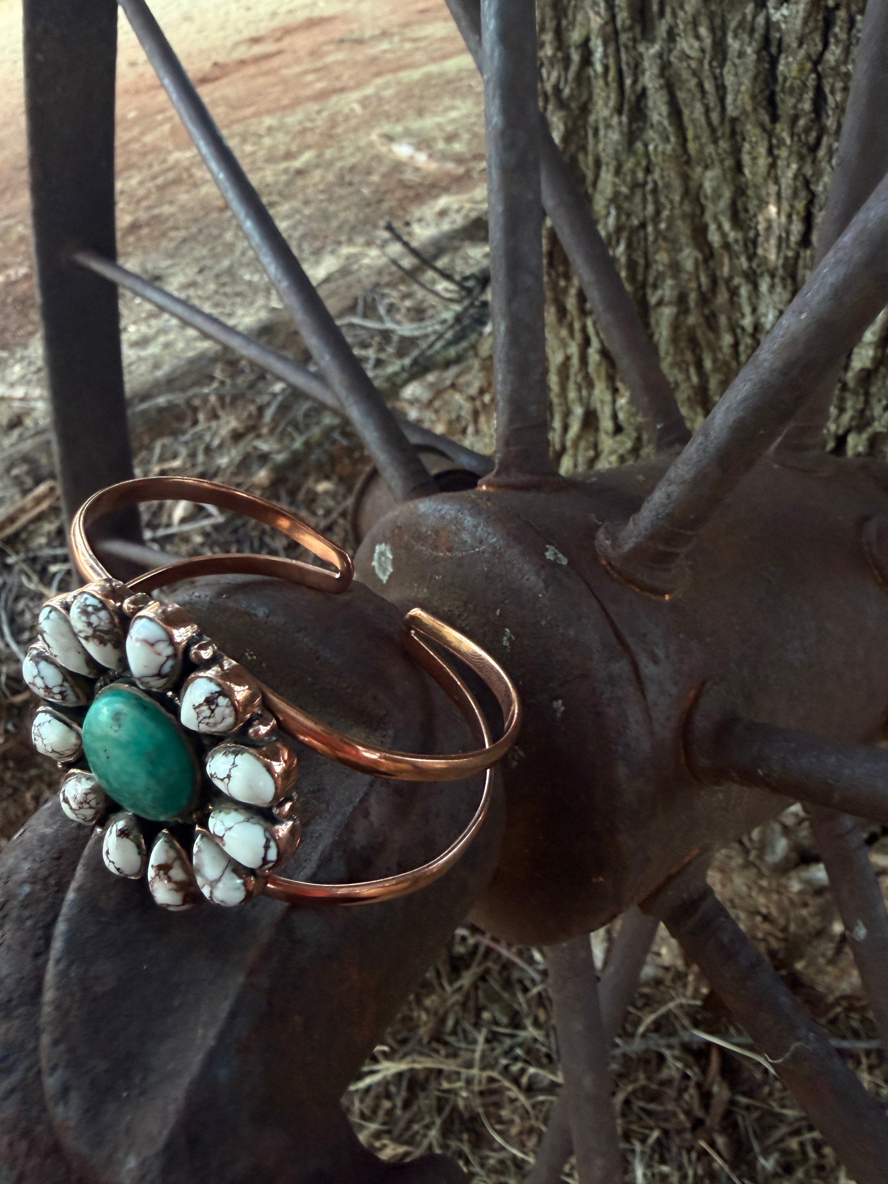 Handcrafted Copper Wild Horse & Turquoise Floral Jewelry Set