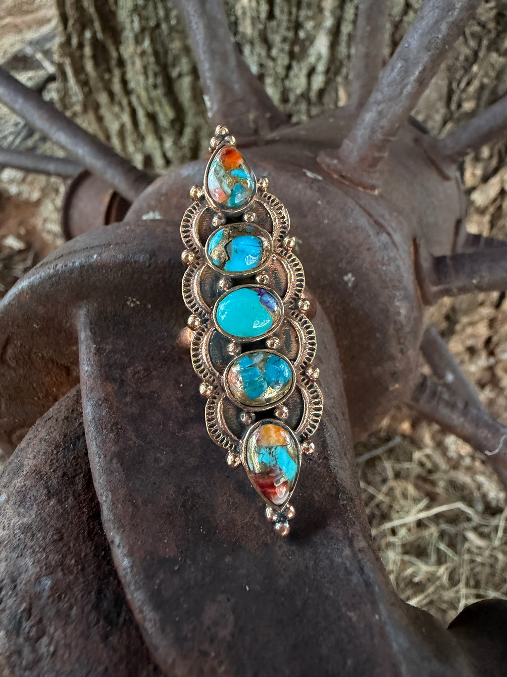 Handcrafted Copper Spiny Oyster & Turquoise Adjustable Ring (7-9)