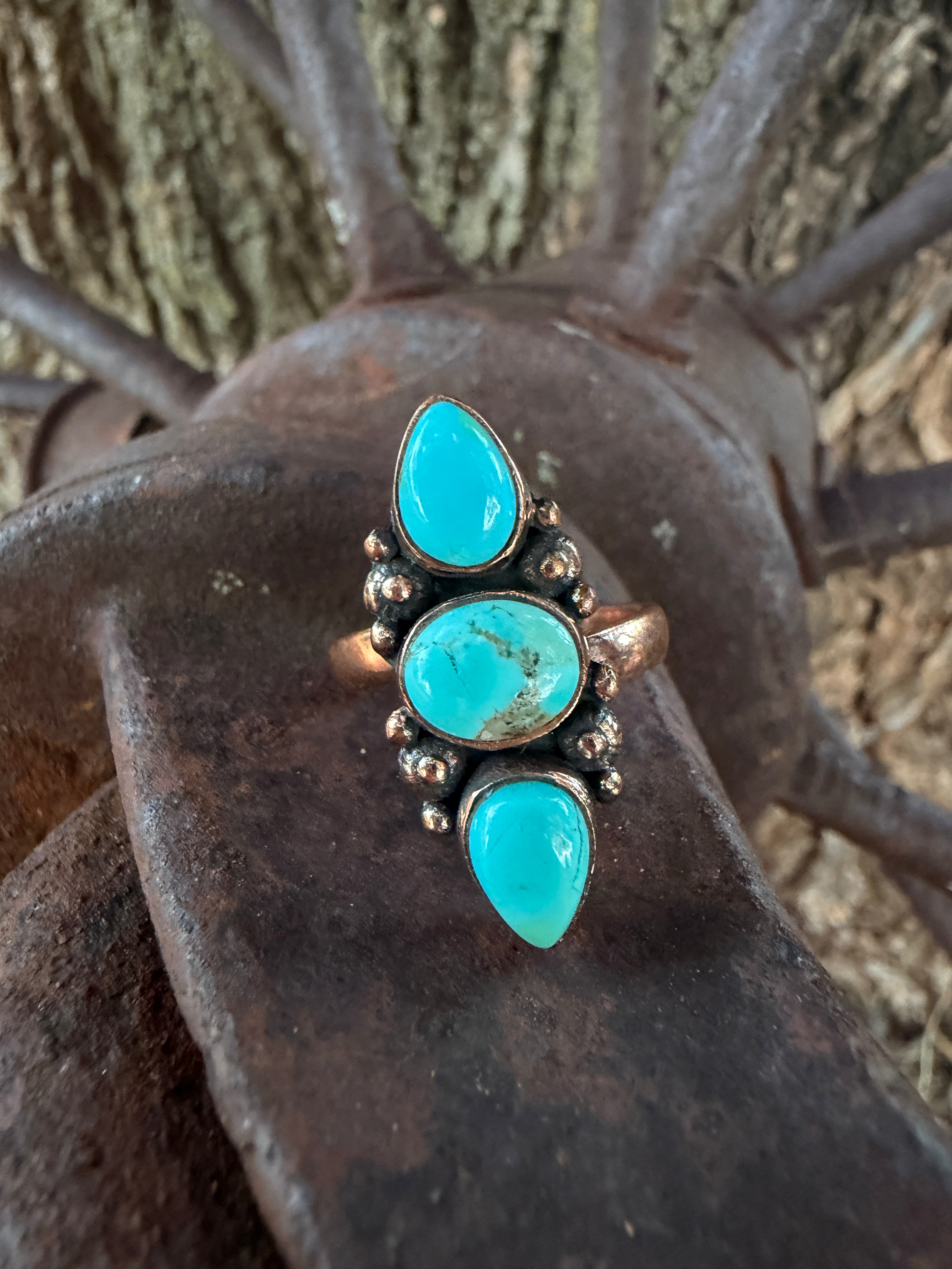 Handcrafted Copper Triple Turquoise Adjustable Ring (7-9)
