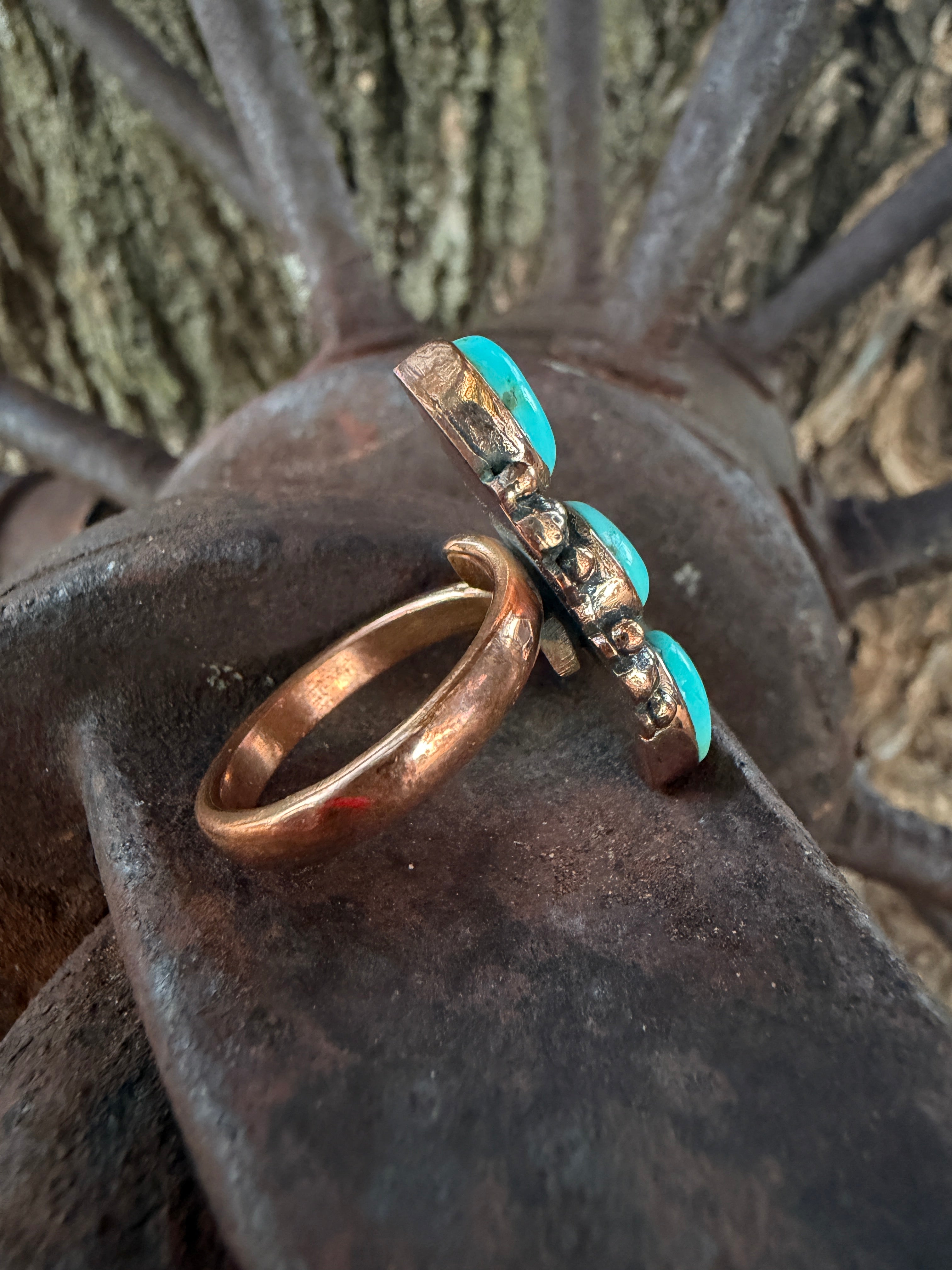 Handcrafted Copper Triple Turquoise Adjustable Ring (7-9)
