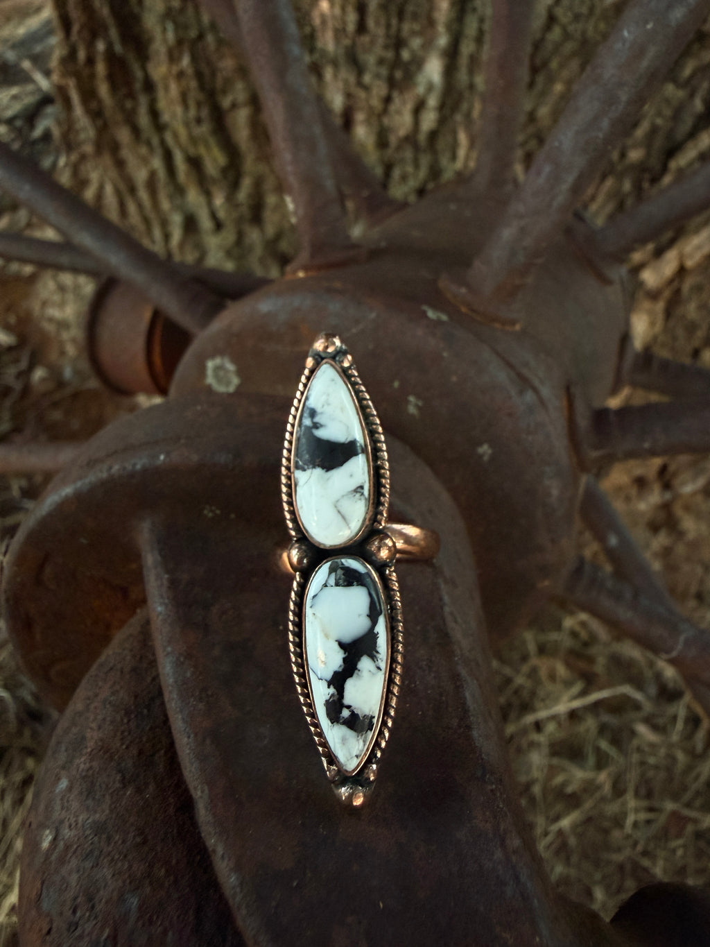 Handcrafted Copper Double White Buffalo Adjustable Ring (Size 6–8)