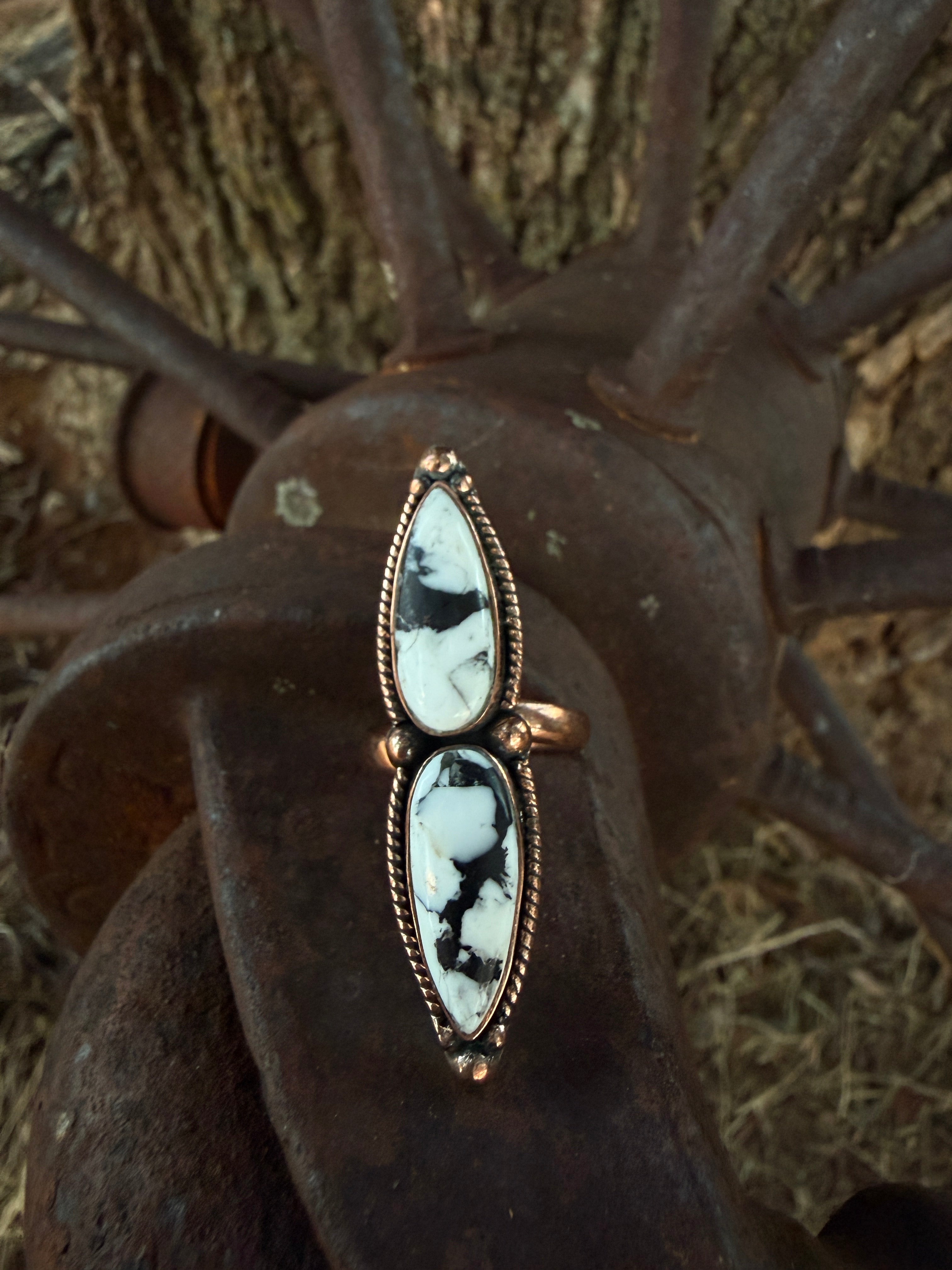 Handcrafted Copper Double White Buffalo Adjustable Ring (Size 6–8)