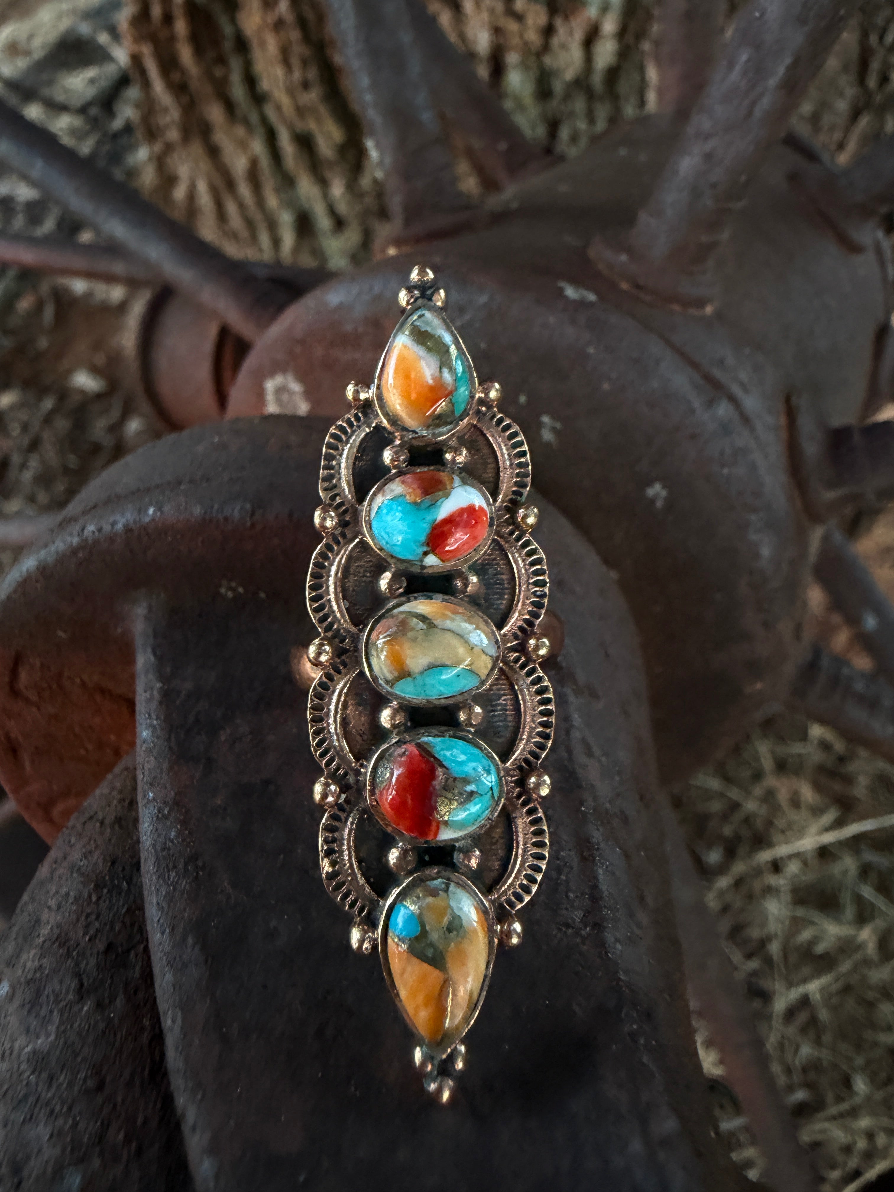 Handcrafted Copper Spiny Oyster & Turquoise Adjustable Ring (6-8)