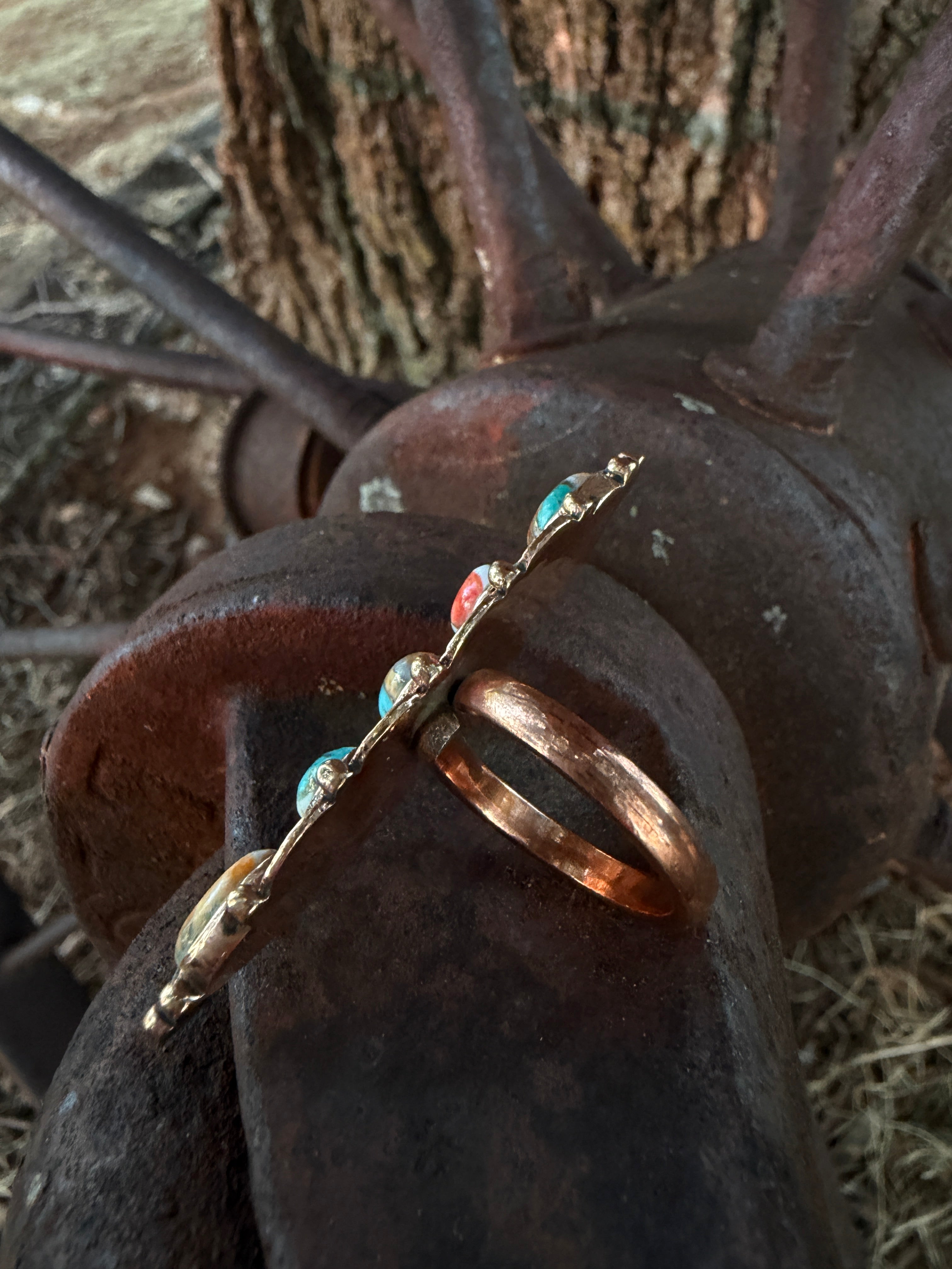 Handcrafted Copper Spiny Oyster & Turquoise Adjustable Ring (6-8)