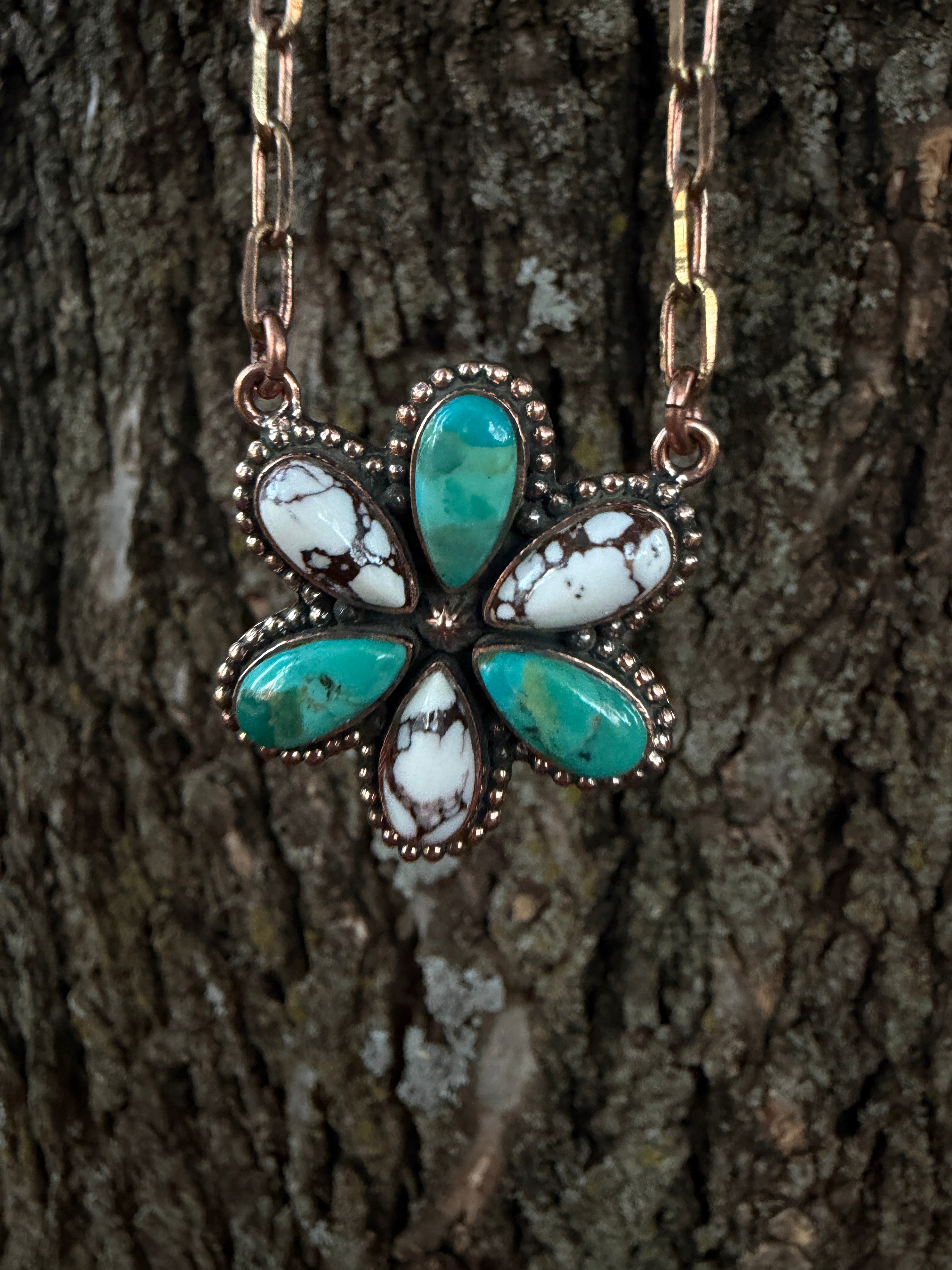 Handcrafted Copper Wild Horse & Turquoise Floral Jewelry Set