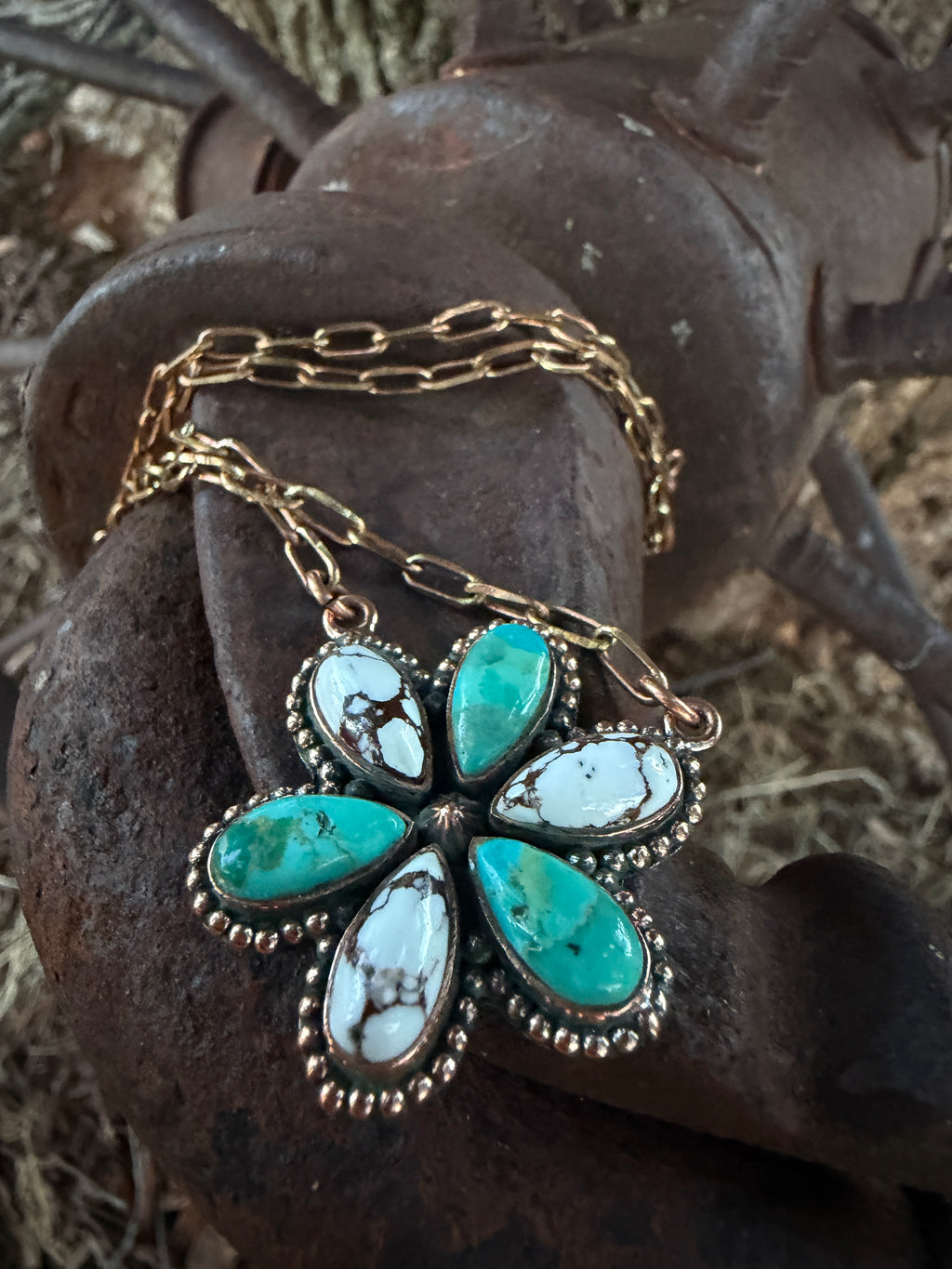 Handcrafted Copper Wild Horse & Turquoise Floral Jewelry Set