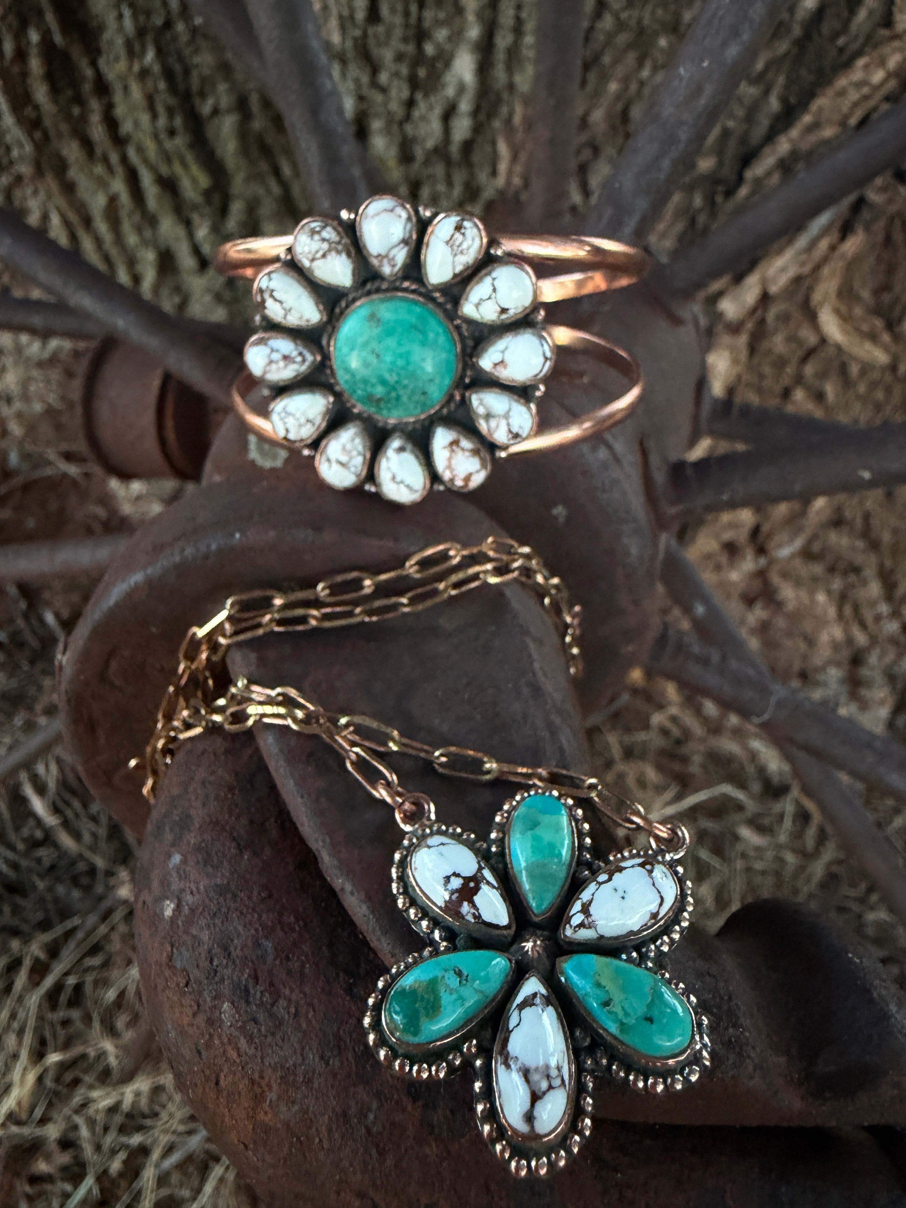 Handcrafted Copper Wild Horse & Turquoise Floral Jewelry Set