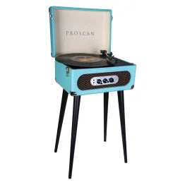 Proscan® 6-Watt 3-Speed Belt-Drive Manual Retro Suitcase-Style Turntable with Built-in Speakers, Bluetooth®, FM Radio, Aux, 45-RPM Adapter, and Stand