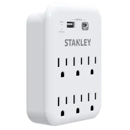 STANLEY® 6-AC Outlet 2-USB Port 1,200-Joules SurgePro 1200 USB Extreme Surge Protector Wall Tap Adapter with Integrated Phone Shelf, 30426