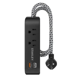 STANLEY® 2-AC Outlet 2-USB Port 300-Joules SurgeMax Surge Protector Power Strip with PD, 6-Ft. Fabric-Braided Cord with Low-Profile Plug (Black)