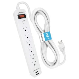 Digital Energy® 6-AC Outlet and 2-USB Port 1,050-Joules Surge Protector Power Strip with Straight Plug (15 Ft.; White)