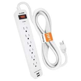 Digital Energy® 6-AC Outlet and 2-USB Port 1,050-Joules Surge Protector Power Strip with Straight Plug (25 Ft.; White)