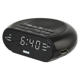 RCA Digital Radio Alarm Clock with Soothing Sounds, Brightness Control, USB Charging Port, and Battery Backup, RCS27