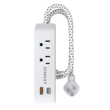 STANLEY® 2-AC Outlet 2-USB Port 300-Joules SurgeMax Surge Protector Power Strip with PD, 6-Ft. Fabric-Braided Cord with Low-Profile Plug (White)
